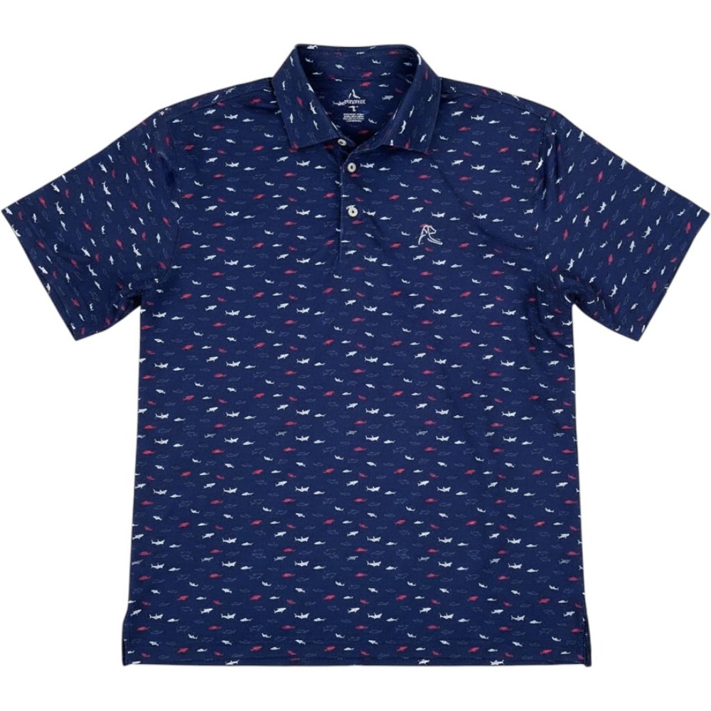 Rhoback Mens Large Navy Blue Shark Print Performance Stretch Golf Polo Shirt